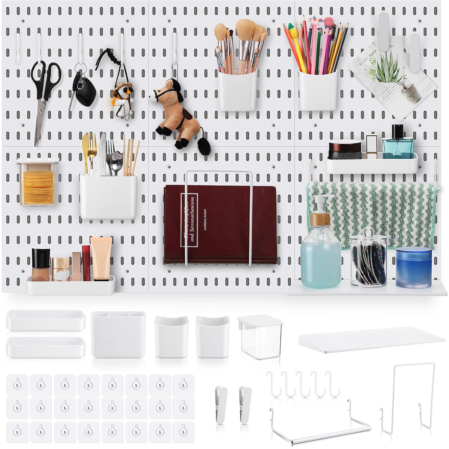 Unittype 17 Pcs Peg Board Combination Kit, 6 Plastic Wall Pegboard with 11 Accessories, 33" x 22" Desk Pegboard Organizer with Shelf Hook for Office, Kitchen, Gaming, Garage, Craft Room(White)