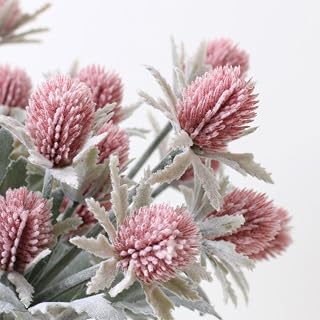 3Pcs Artificial Thistle Flowers Fake Spray Eryngium Faux Sea Holly Bouquet Real Touch Plants Floral Tree for Wedding Bridal Home Table Centerpiece Decor (Pink)