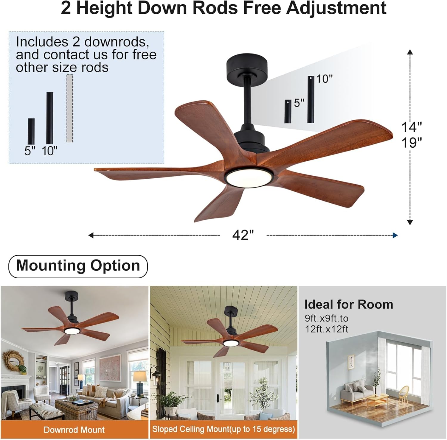 42 Inch Ceiling Fans with Lights and Remote, Wood Ceiling Fan with Light, Dimmable, 5 Blade, Memory Function, Reversible DC Motor, Modern Indoor Outdoor Ceiling Fan for Patio Bedroom Living Room