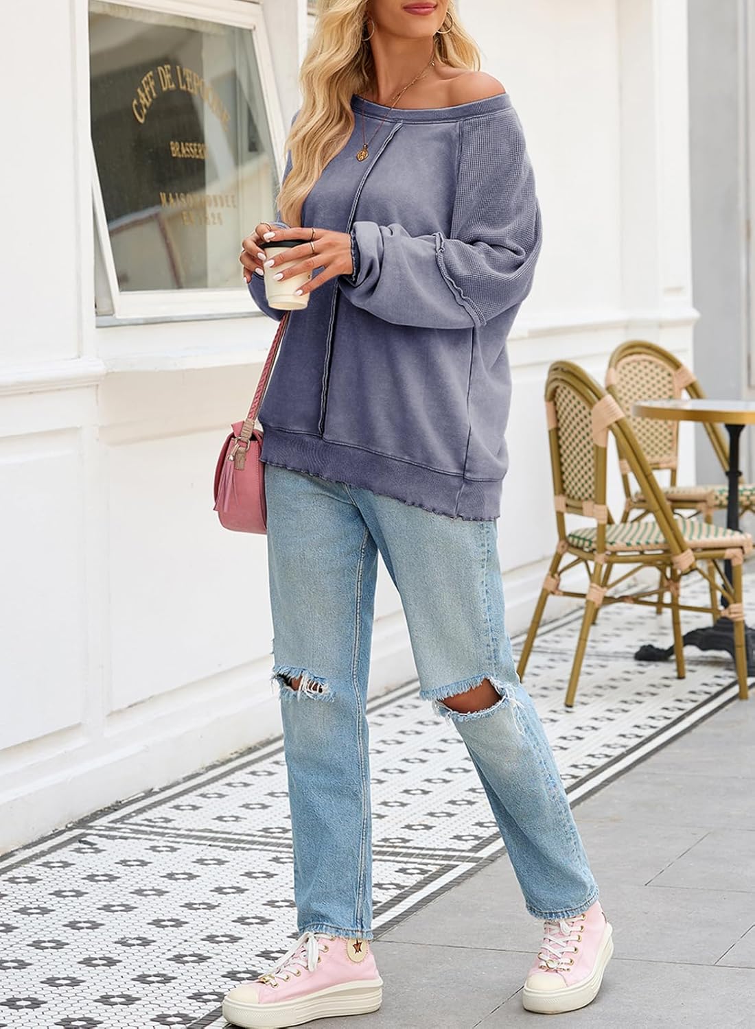 SHEWIN Womens Sweatshirt Oversized Casual Crewneck Long Sleeve Pullover Off The Shoulder Waffle Knit Tops for Women - Image 6