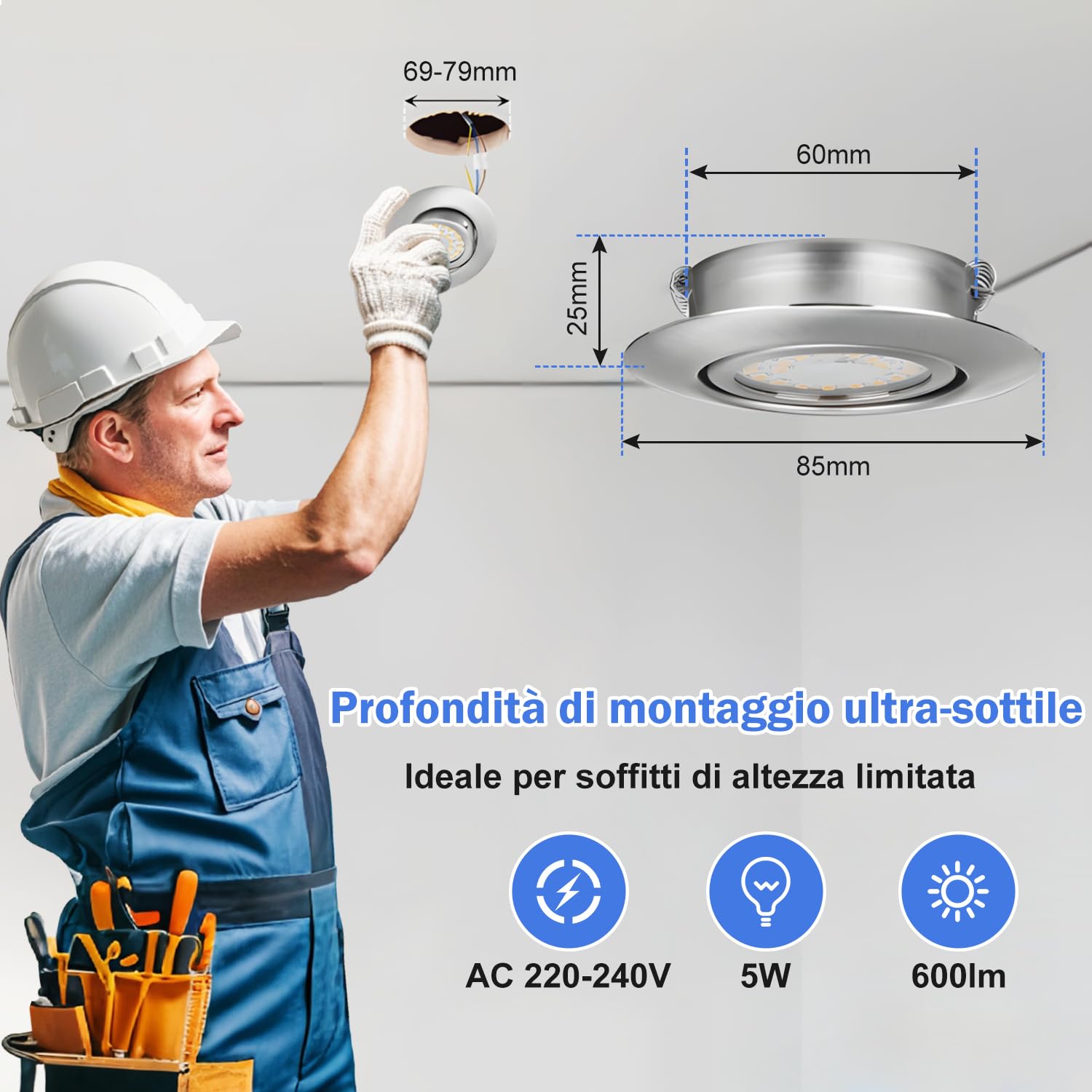 Set di 10 Faretti Led da Incasso per Cartongesso, IP44 230V 5W Faretti da Incasso, Tripla Temperatura Colore 3000K/4500K/6000K, Foro 69-79mm, Spot LED con Angolo Regolabile