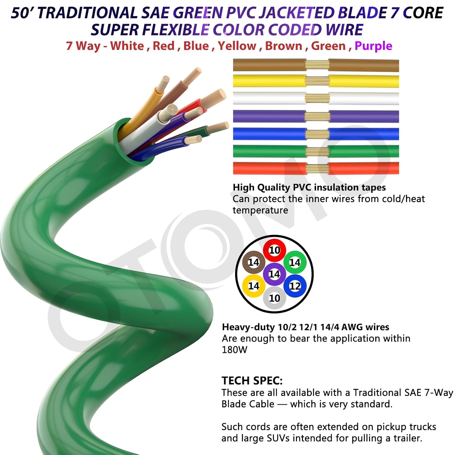 50FT 7 Way 10/2 12/1 14/4 AWG Trailer Wire -20°C to +105°C Heavy Duty Extension, Multi Gauge Traditional SEA 7 Pin CCA Conductor Color-Coded Cable for Camper RV Utility Trailer Equipment Caravan