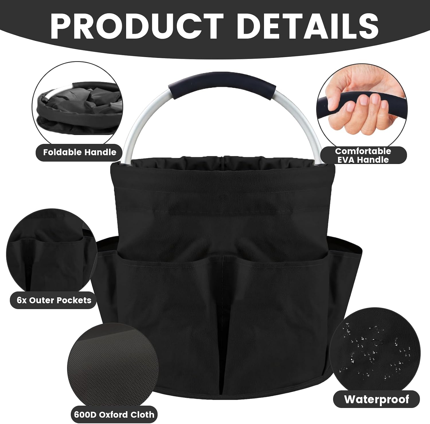Cleaning Caddy with Handle and 6 Pockets, 17L Cleaning Supplies Organizer, 600D Oxford Fabric Storage Basket, Multifunctional Bucket Bag for Picnics, Camping, Gardening, Bathing (Black)