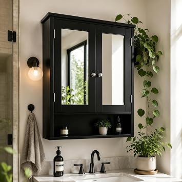 Bathroom Cabinet with Mirror,Bathroom Cabinet,Over the Toilet Storage Cabinet,Medicine Cabinet,Wall Cabinet with 2 Mirrored Doors, Adjustable Shelf, Open Compartment, Wall-Mounted,Black