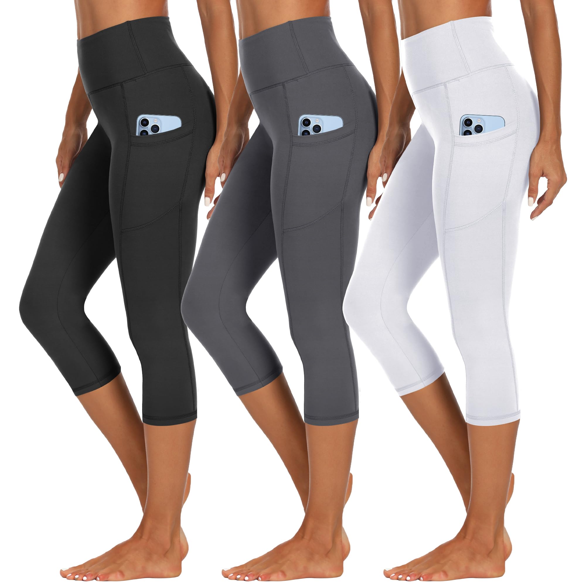 HIPOWER 3er Pack Leggings Damen mit Taschen Capri Sporthose 3/4 Hose Damen 7/8 Caprihose High Waist Yoga Sommer Sportleggings für Fitness Gym