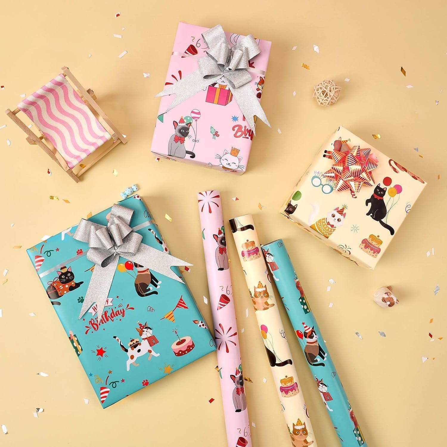 WERNNSAI Cat Happy Birthday Wrapping Paper, 3 Rolls x 10ft Kitten