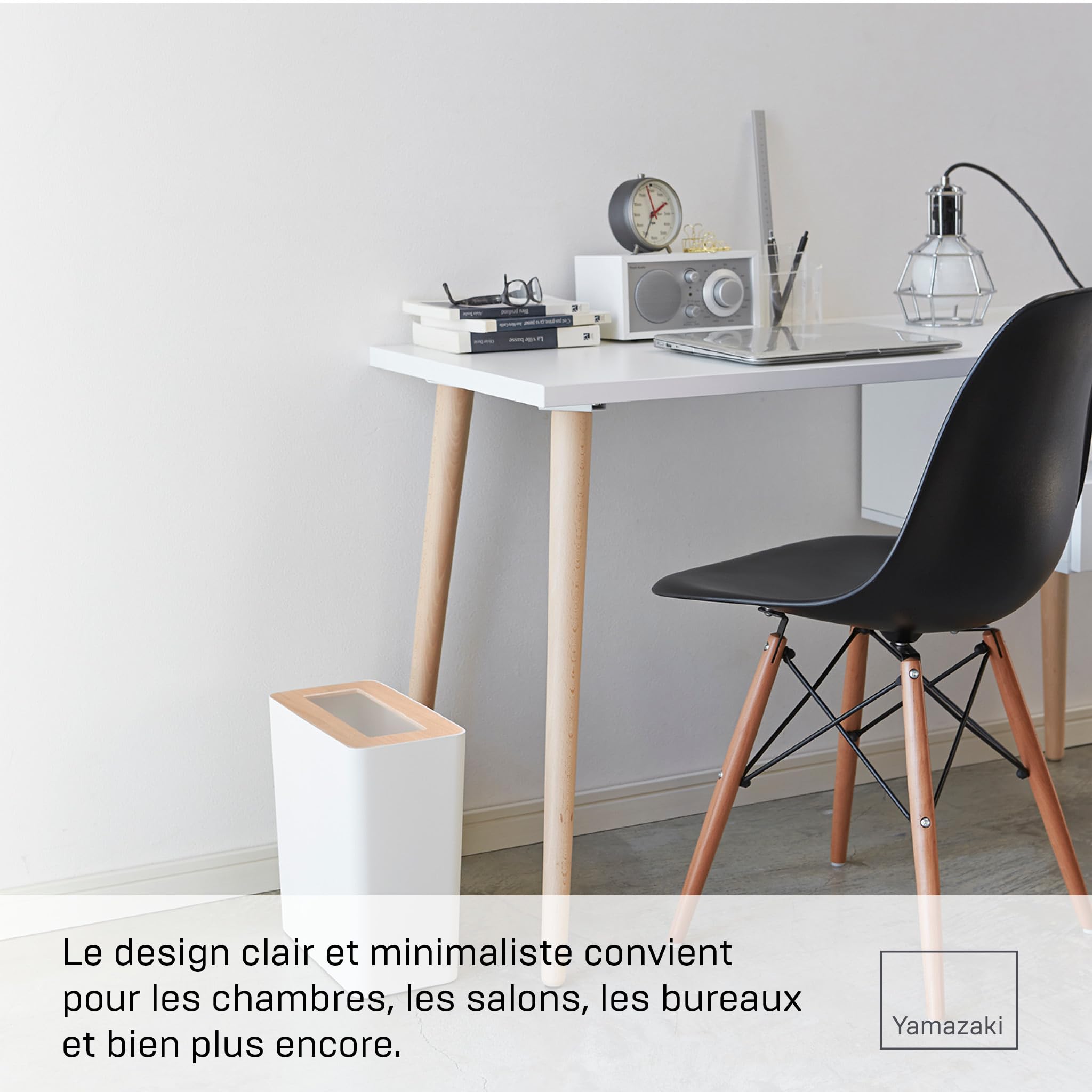 YAMAZAKI RIN Corbeille à papier moderne, 10 L, en acier - couvercle en bois, poubelle de bureau rectangulaire - 28 x 15 x 30 cm, design japonais, blanc
