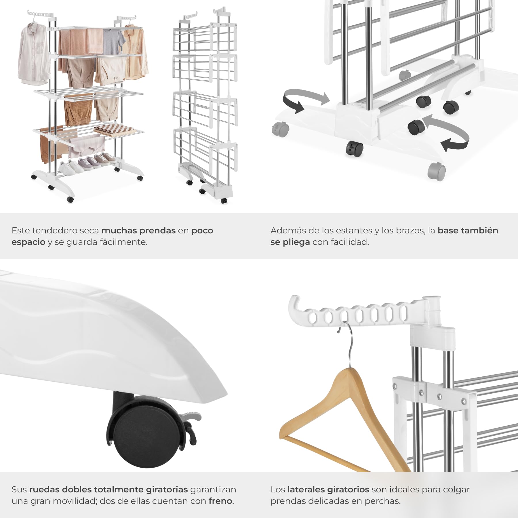tectake® Tendedero de Torre 4 Pisos Plegable con Ruedas y Alas Abatibles