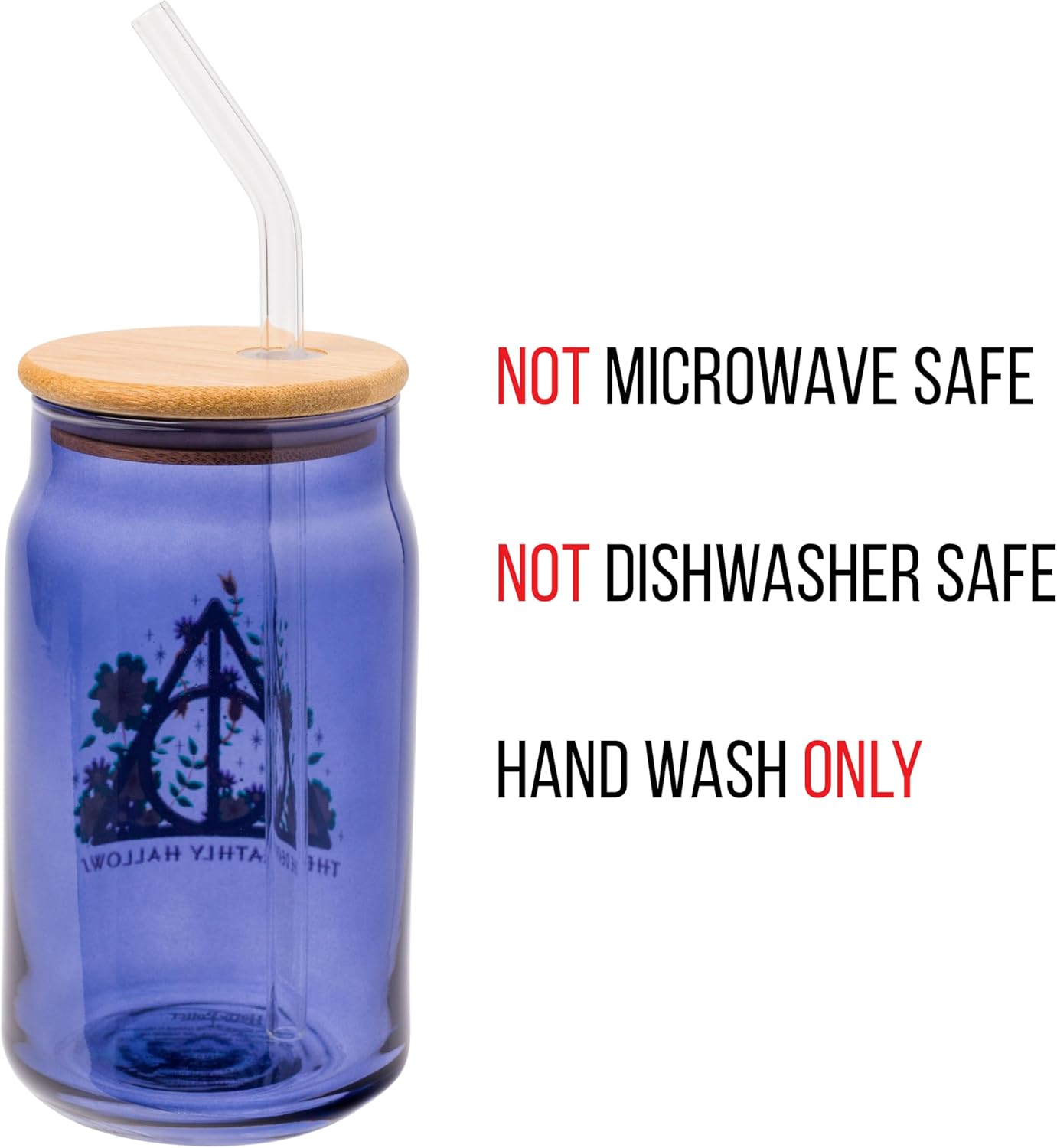 Silver Buffalo Harry Potter The Deathly Hallows Glass Tumbler with Bamboo Lid and Glass Straw, 16 Ounces - Image 3