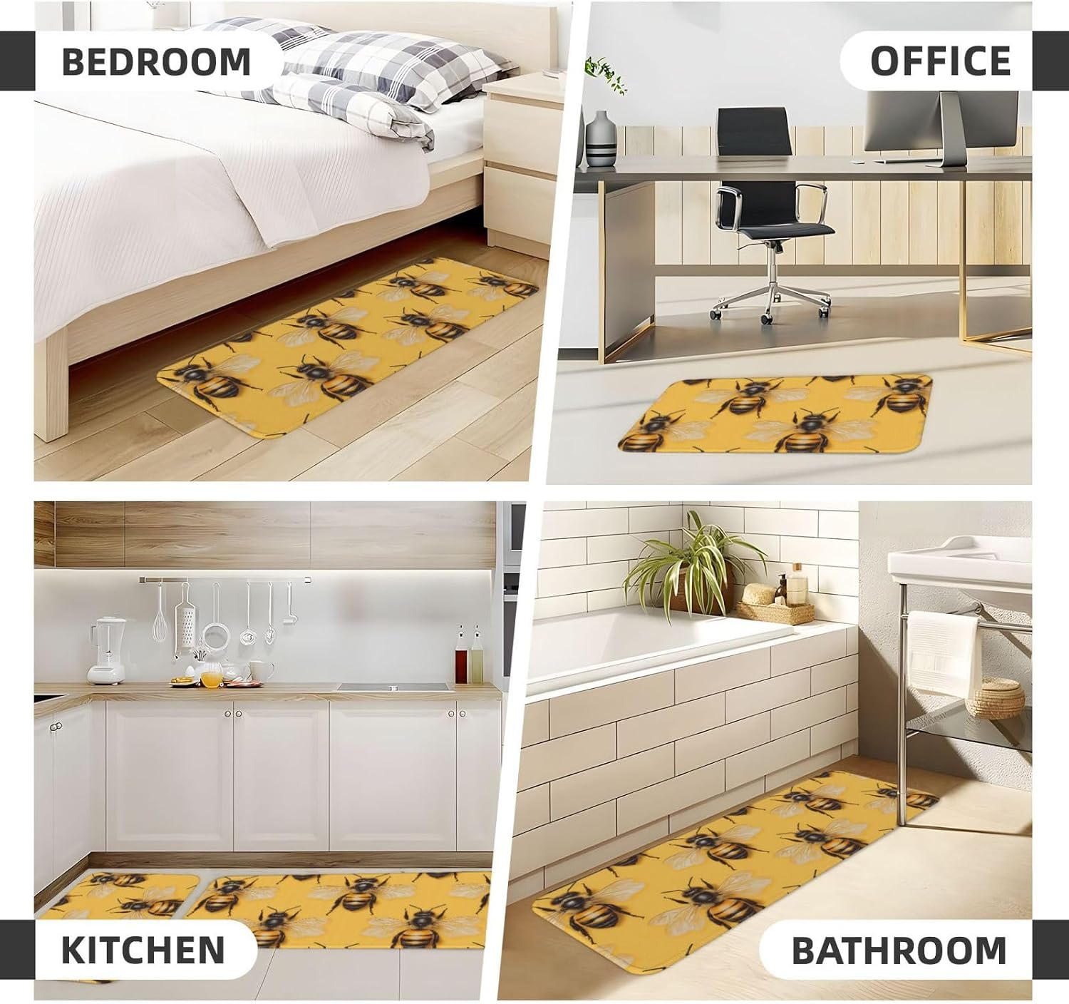 Cute Bee Print Kitchen Rugs Sets of 2 Non Slip Washable, Anti Fatigue Kitchen Mats for Floor, Home Decor