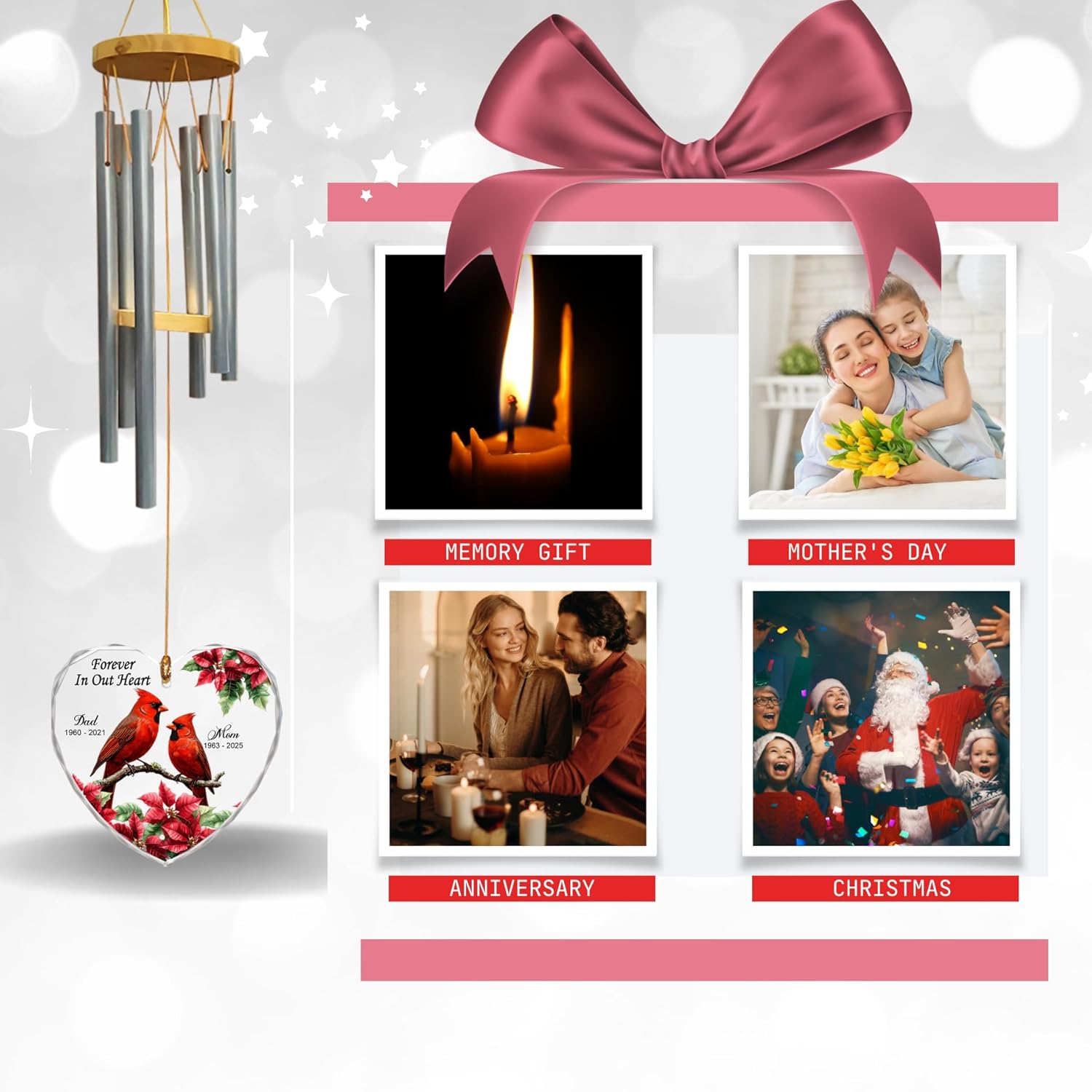 Custom Red Cardinal Memorial Glass Ornament for Parents in Heaven – Sympathy Gift for Loss of Mom or Dad, Bereavement Window Hanging Keepsake, Remembrance Christmas Ornaments - Image 7