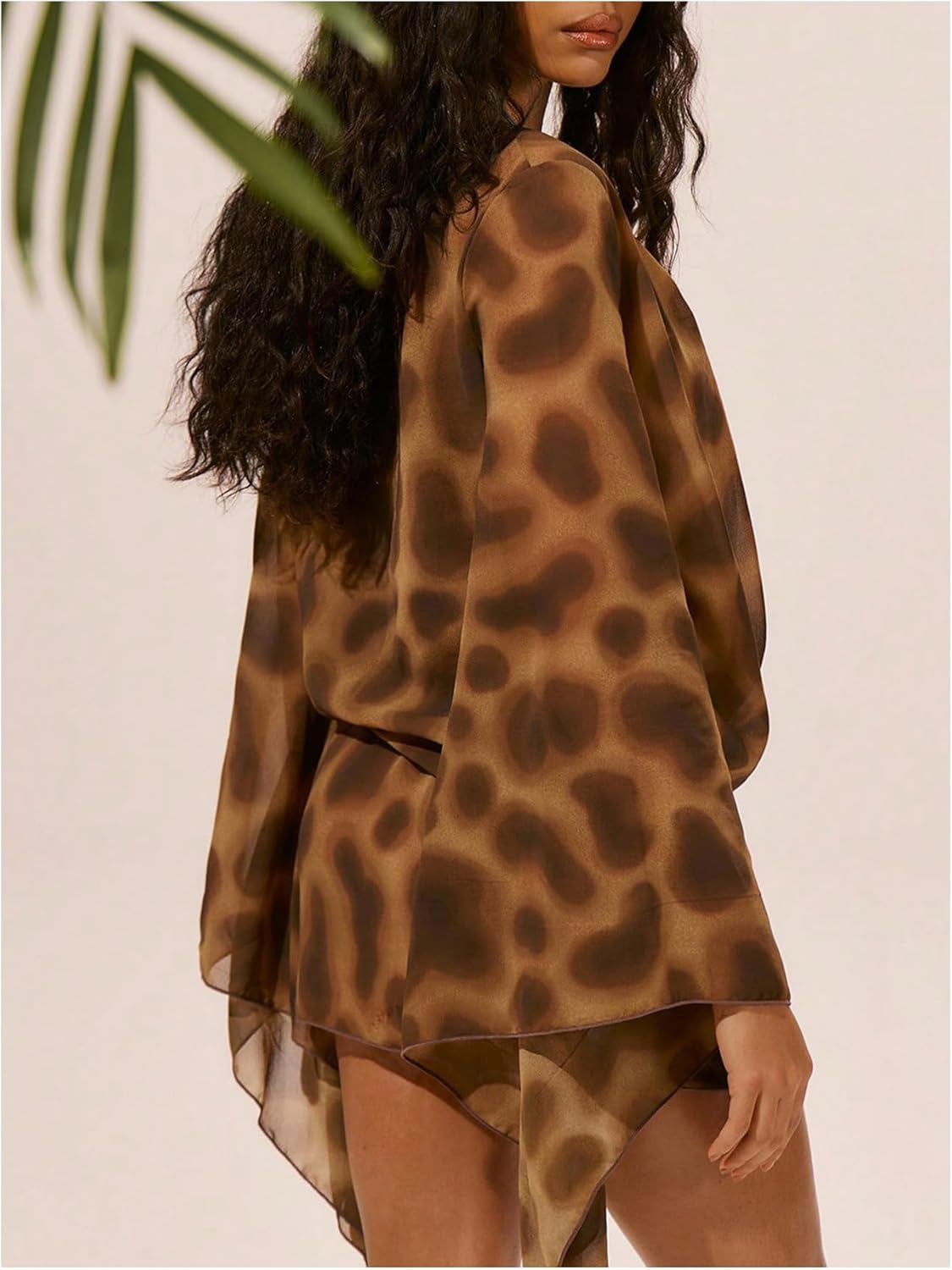 Floerns Women's Animal Print Swimsuit Cover Up Sundress Deep V Cowl Neck Bell Sleeve Beach Vacation Mini Dress - Image 2