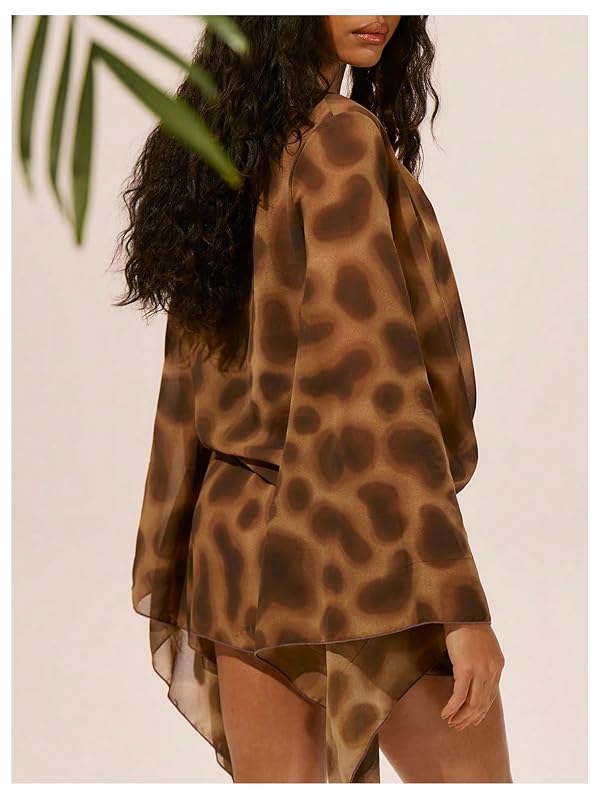GORGLITTER Women's Cowl Neck Leopard Mini Dress Y2k Draped Mesh Sheer Cover Up Dresses Summer Vacation Outfit Coffee Brown Small by GORGLITTER - Used condition - Image 3