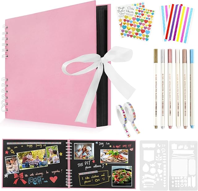 Newthinking DIY Photo Albums Scrapbook, 80 Pages A4 Hand-posted Couple Photo Album with Stickers and Marker Pens for Guest Book Anniversary Wedding Valentines Day (pink)