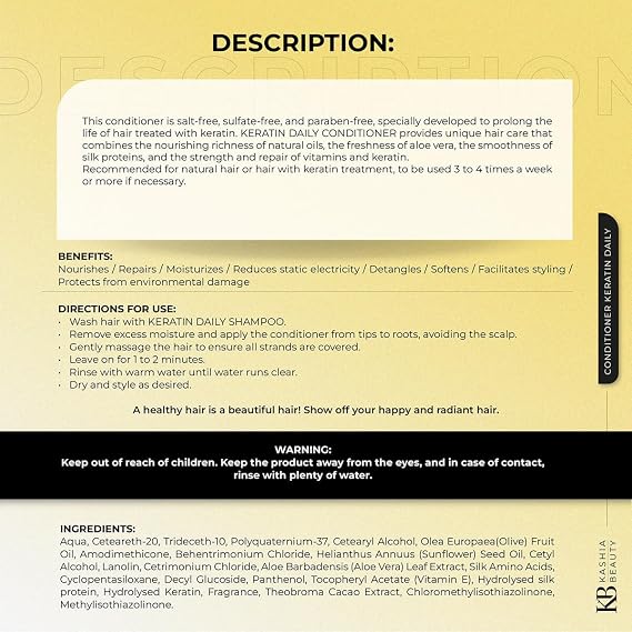 KASHIA BEAUTY Keratin Daily Conditioner 16.9 oz Salt Sulfate & Paraben Free Nourishing Conditioner for Keratin-Treated Hair Softens Moisturizes & Prolongs Treatment Effects