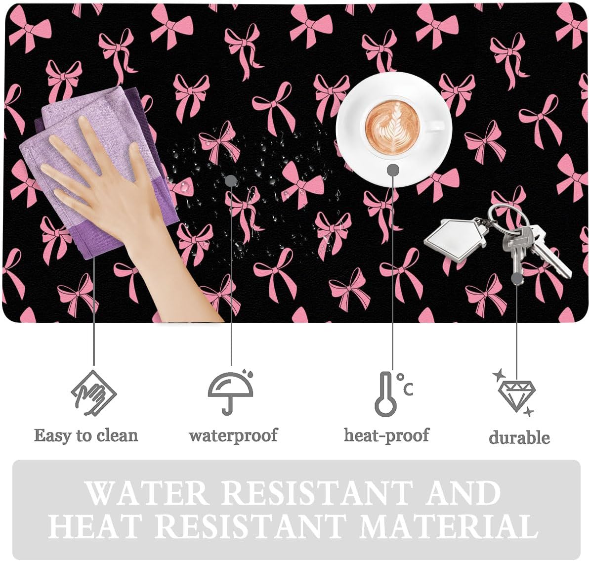 Cute Kawaii Pink Bow Black Extended Gaming Keyboard Mouse Pad, Non-Slip Leather Home Office Desk Mat Protector