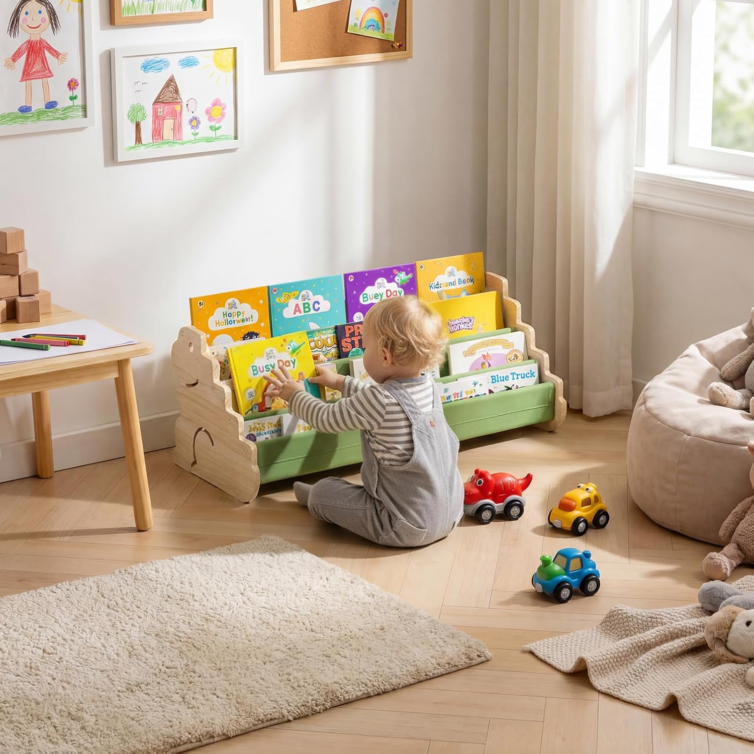 LAMU Kids Bookshelf, 4 Tier Solid Pine Wood Toddler Bookshelf, Book Shelf for Kids Rooms, Portable Montessori Bookcase, Childrens Book Storage Display for Baby's Bedroom Nursery Playroom (Dinosaur)