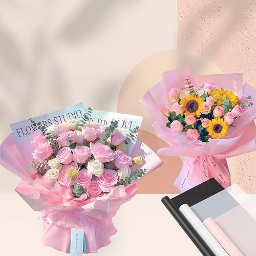 Miniatura 7 de Gloreyan 20 hojas de papel de regalo de flores con borde dorado, ramo de floristería rosa, ramo de flores frescas, envoltura impermeable, caja de
