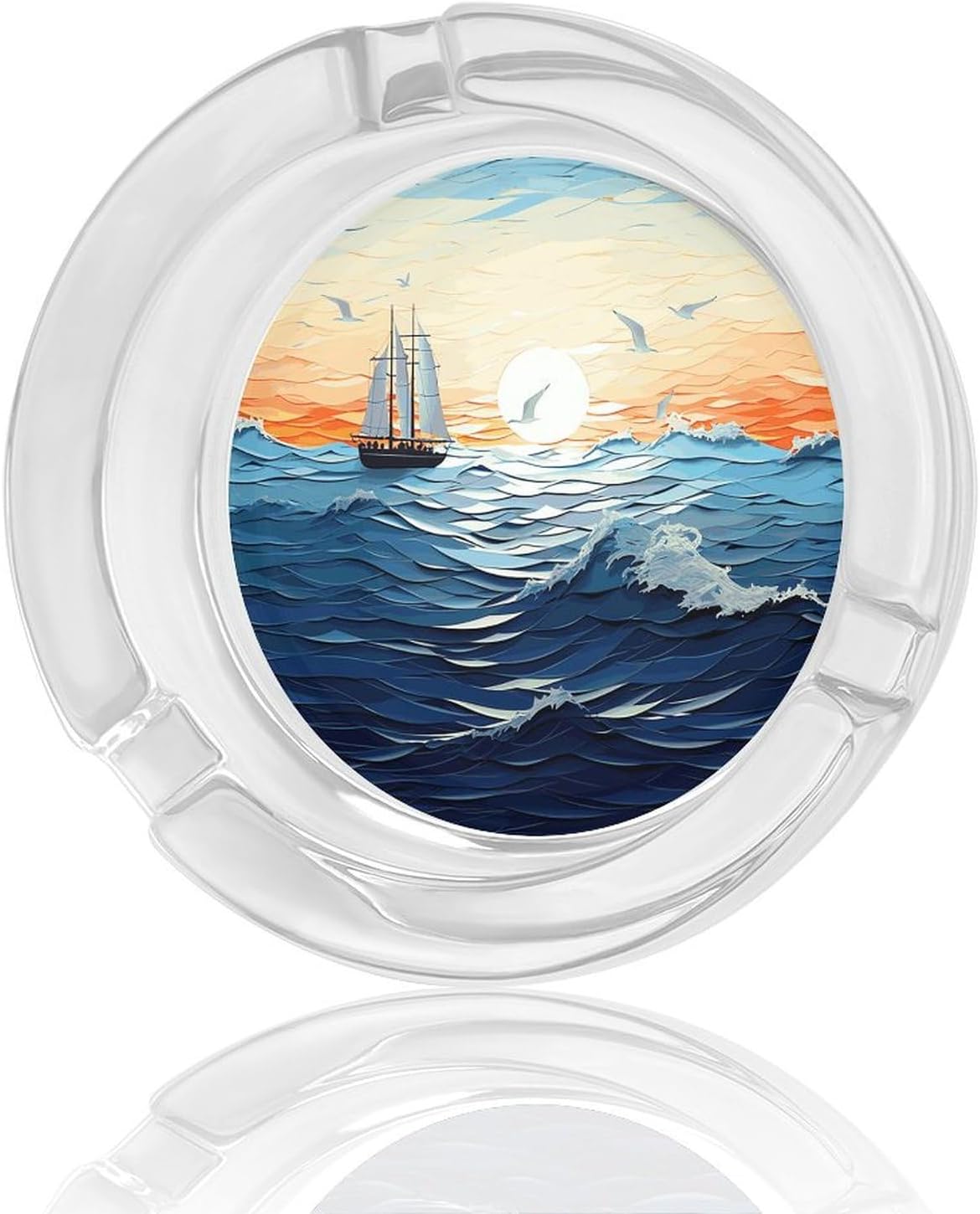 Smokeless Ashtray Ash Tray Outdoor Ashtray Ocean Waves Sailboat with Birds Maritime Glass Ashtrays for Home Office Smokers Decoration
