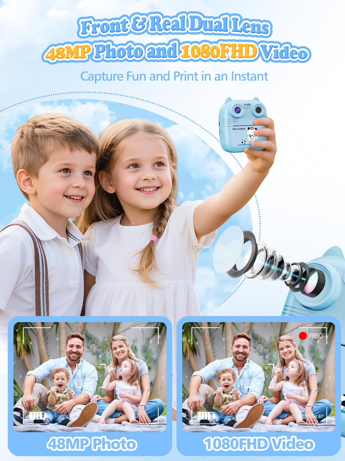Macchina Fotografica Bambini Istantanea, 48MP e 1080FHD Dual-Camera Obiettivo Fotocamera Digitale con 4 Rulli di Carta da Stampa 2,4 Pollici IPS Schermo di Protezione Oculare 32GB Scheda (Blu)