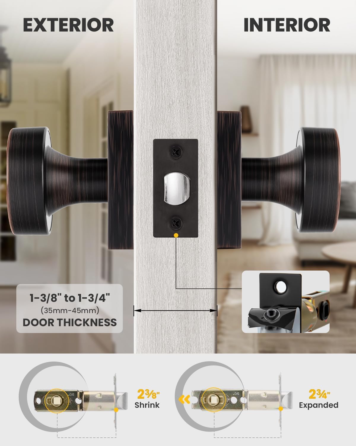 Goldenwarm Oil Rubbed Bronze Passage Door Knobs for Interior Doors, Zinc Alloy Bronze Door Knobs for Hallway & Closet & Living Room, Non-Locking Function, Adjustable & Reversible - 2 Pack