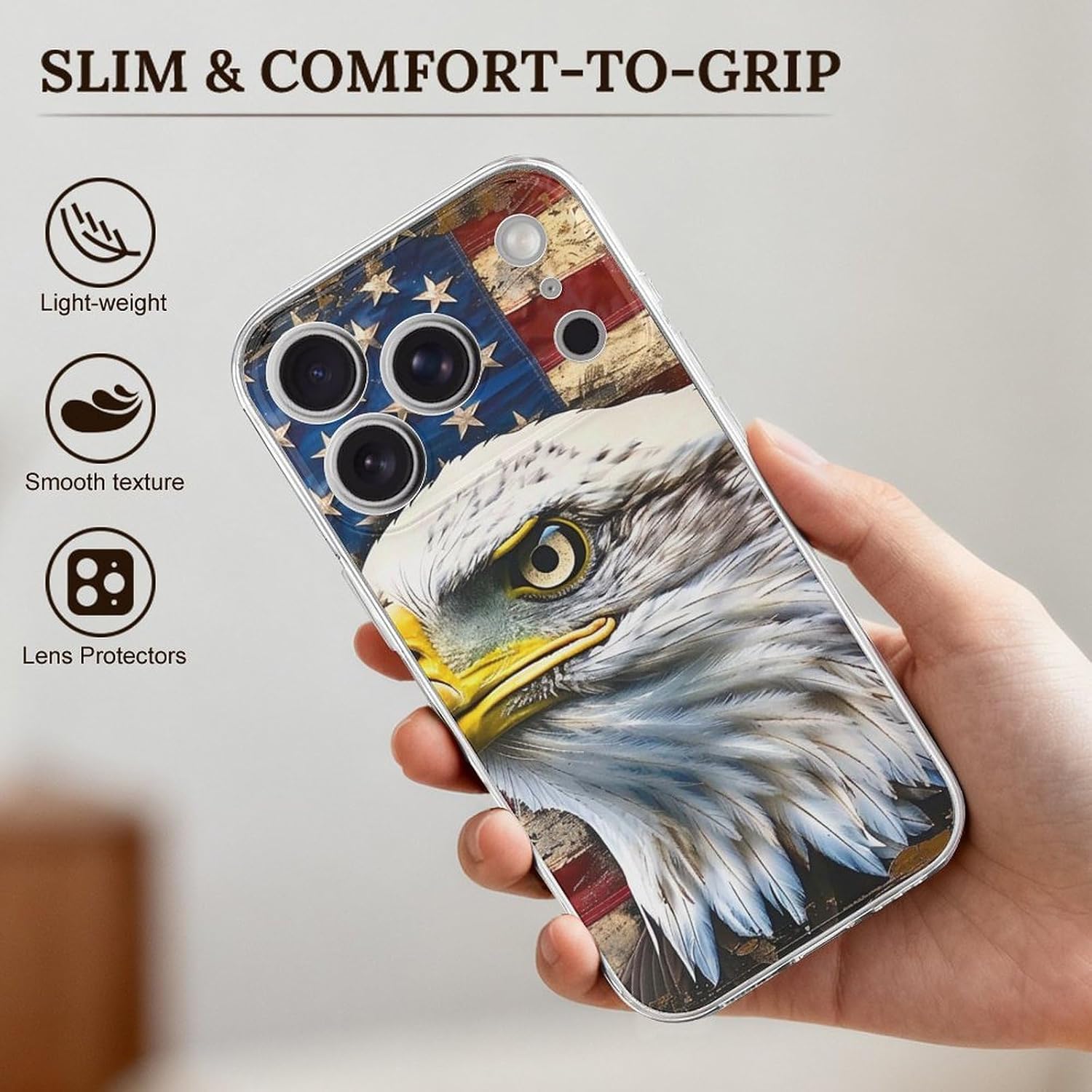 Clear Phone Case for iPhone 17 Pro Case, Patriotic Bald Eagle with American Flag Prints Shockproof TPU Cell Cover with Wireless Charging, Anti-Yellowing, Transparent image 3