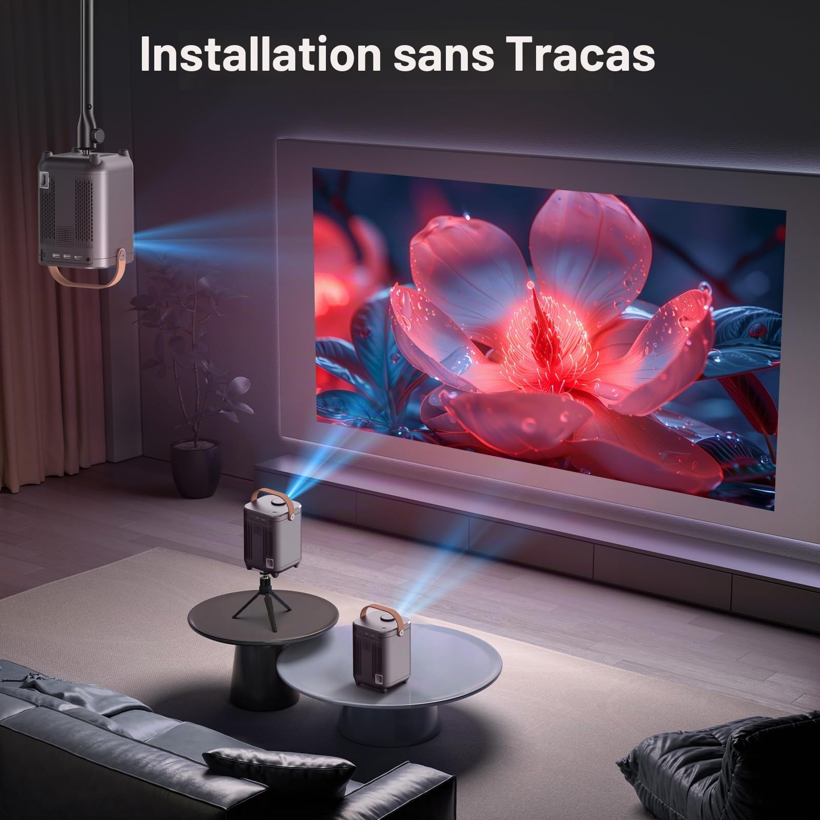 Vidéoprojecteur, mise au point électrique/correction trapézoïdale automatique WiFi 6 BT5.2 Mini projecteur 4K Full HD 1080P pris en charge, zoom 50 % portable pour home cinéma / extérieur compatible