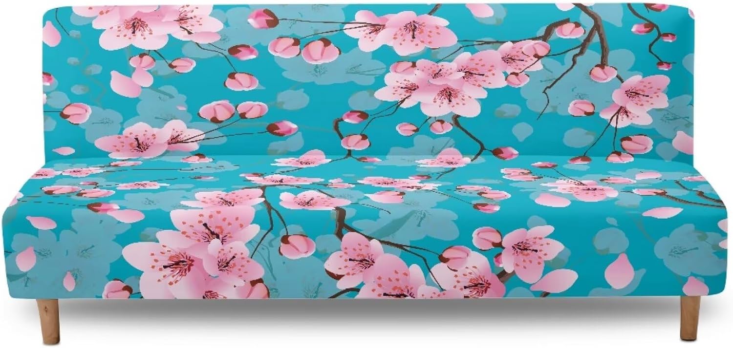 Cherry Blossom Couch Cover for Futon Without Arms Light Blue Futon Sofa Covers Non Slip Furniture Protector Futon Slipcovers Pet Protection