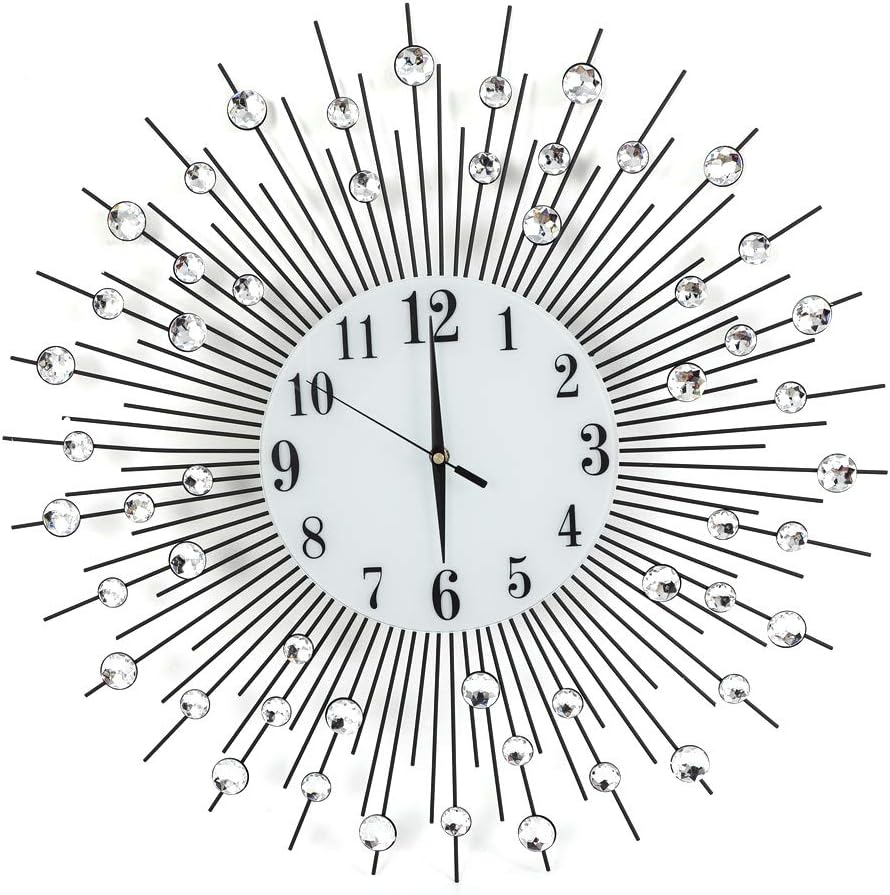 DYRABREST 60x60cm Large Modern Crushed Diamond Round Crystal Wall Clock Sun Shape Design Non-Ticking Silent for Home Decor Living Room Decoration