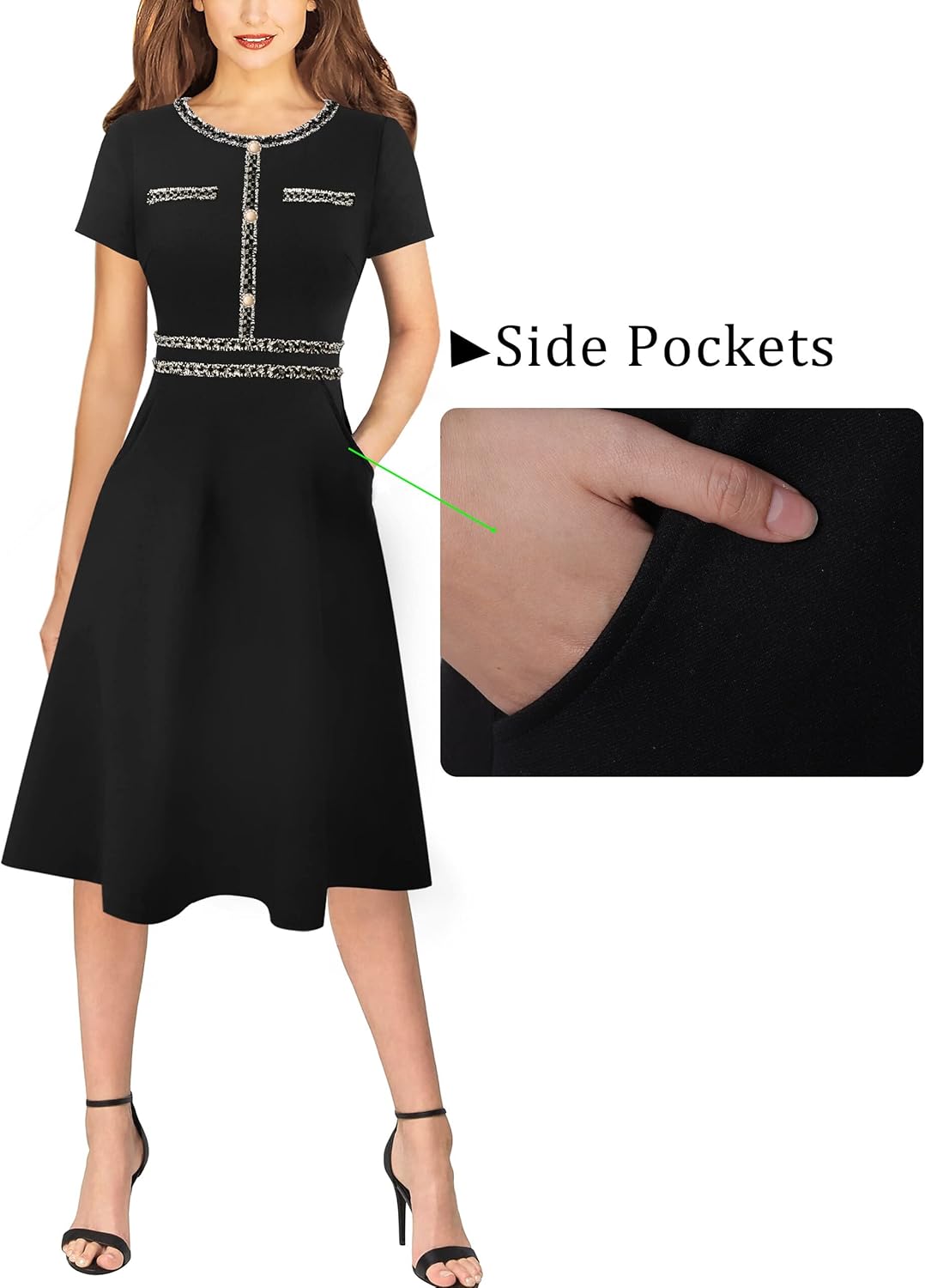 VFSHOW Womens Buttons Pockets Office Business A-Line Dresses Short Sleeve Work Crew Neck Tweed Trim Fit and Flare Swing Dress - Image 3