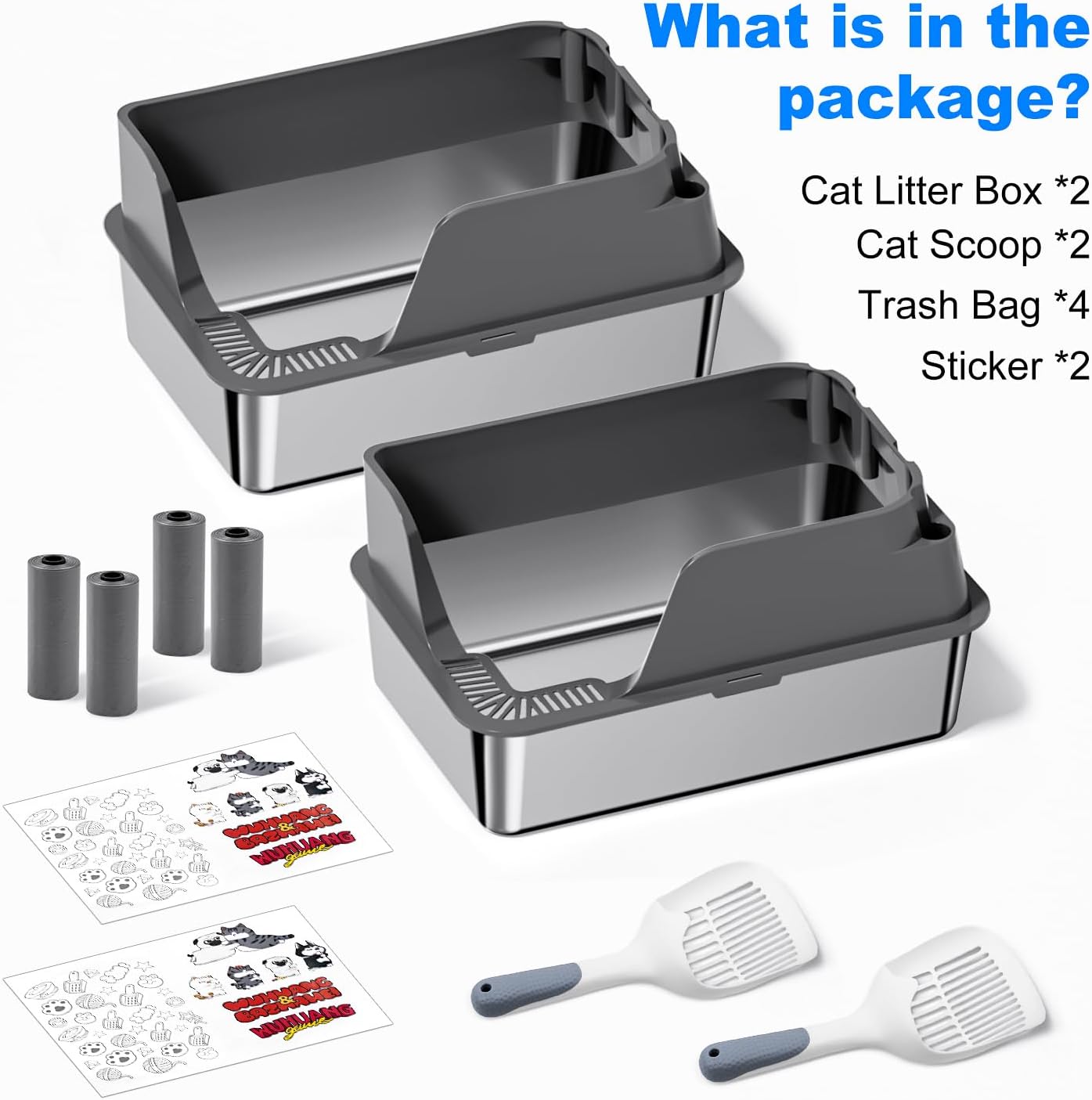 2 Pack Non-Stick Stainless Steel Litter Box, XL Side Opening Splash-Proof & Leak-Proof Seamless Seal, Ellenpent, Odor-Free & Easy Clean, Includes 2 Scoops &Trash Bag*4 & Sticker, Gray