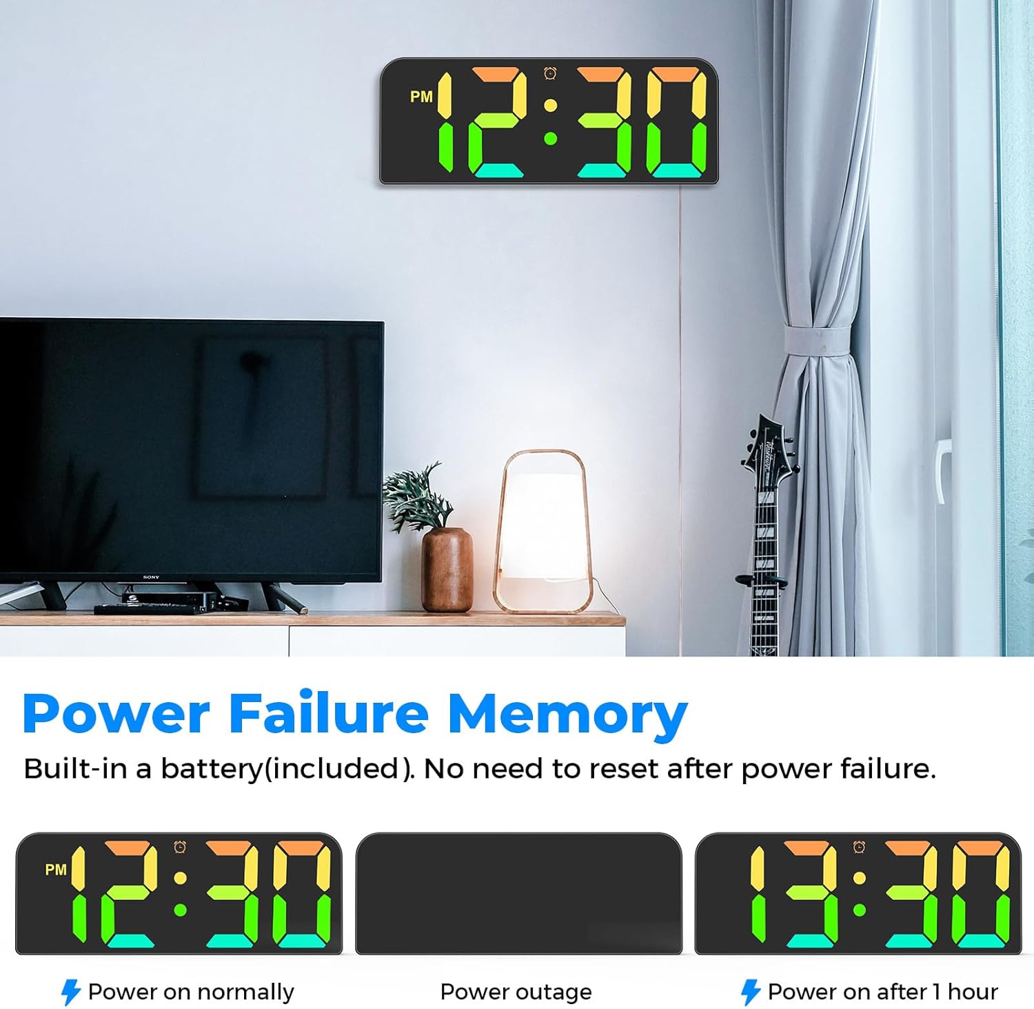 Image illustrating the power failure memory feature of the Meloya Digital Wall Clock, showing the clock displaying time normally, then going blank during a power outage, and finally resuming the correct time display after power is restored, thanks to the built-in battery.