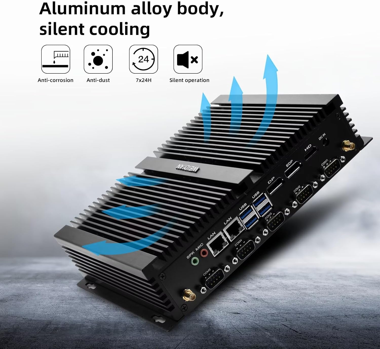 WEIDIAN Fanless Industrial PC, Mini Desktop Computer Core i7-8550U, Triple Display 4K@60Hz Output, HD, DP, EDP, Dual NIC, 8USB, 6RS232 COM, LPT, WiFi, BT4.2, SIM Card Slot(16GB RAM 256GB SSD)