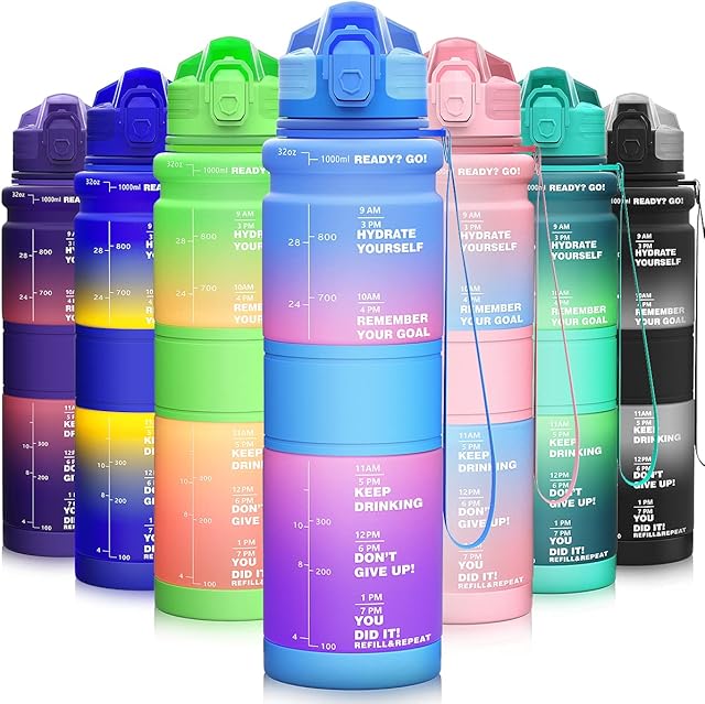 MIKAMEE Colourful Sport Drink Bottle 1l / 500ml with Timing, [BPA-free Tritan] Drink Bottles Leakproof 1 liter Water Bottle, Sports Bottle for Bike, Camping, Yoga, Gym, Kids