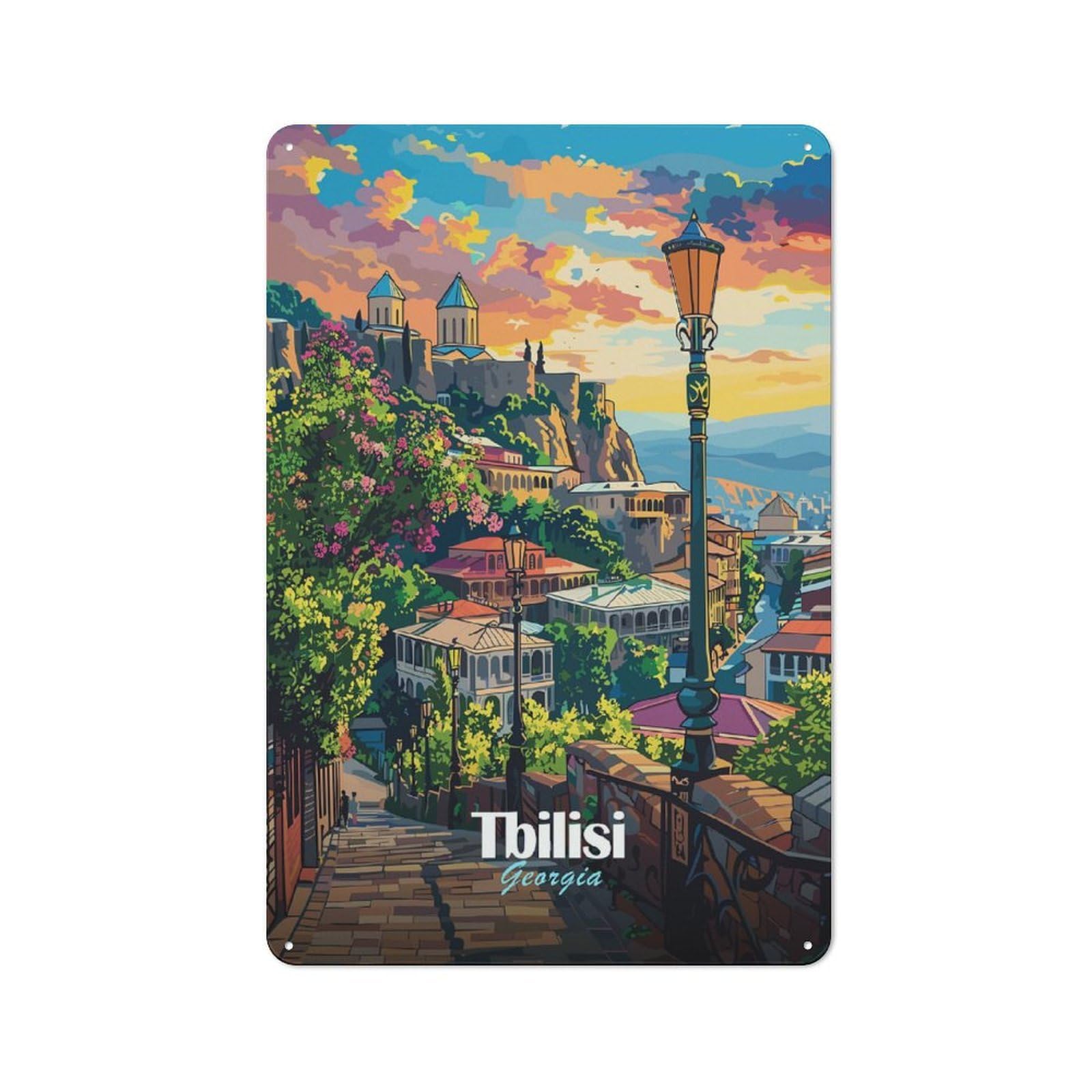 Junmoney Style-21 Tbilisi, Georgia Cityscape Illustration Rustic Tin Sign 30X20cm For Living Room Wall, Suited To Home Wall Decor Collectors
