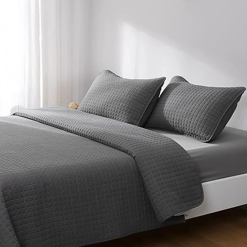 Juego de edredón de pizarra, tamaño Queen, colchas suaves y transpirables, 100% microfibra, colcha ligera con diseño cuadrado Stitich Juego de ropa