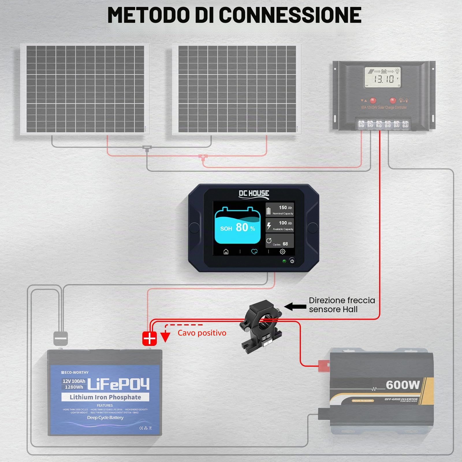 DCHOUSE Monitor di Scarica di Carica 0-90V 300A Tester Capacità Batteria Tensione Corrente Li-ion LiFePO4 AGM Gel