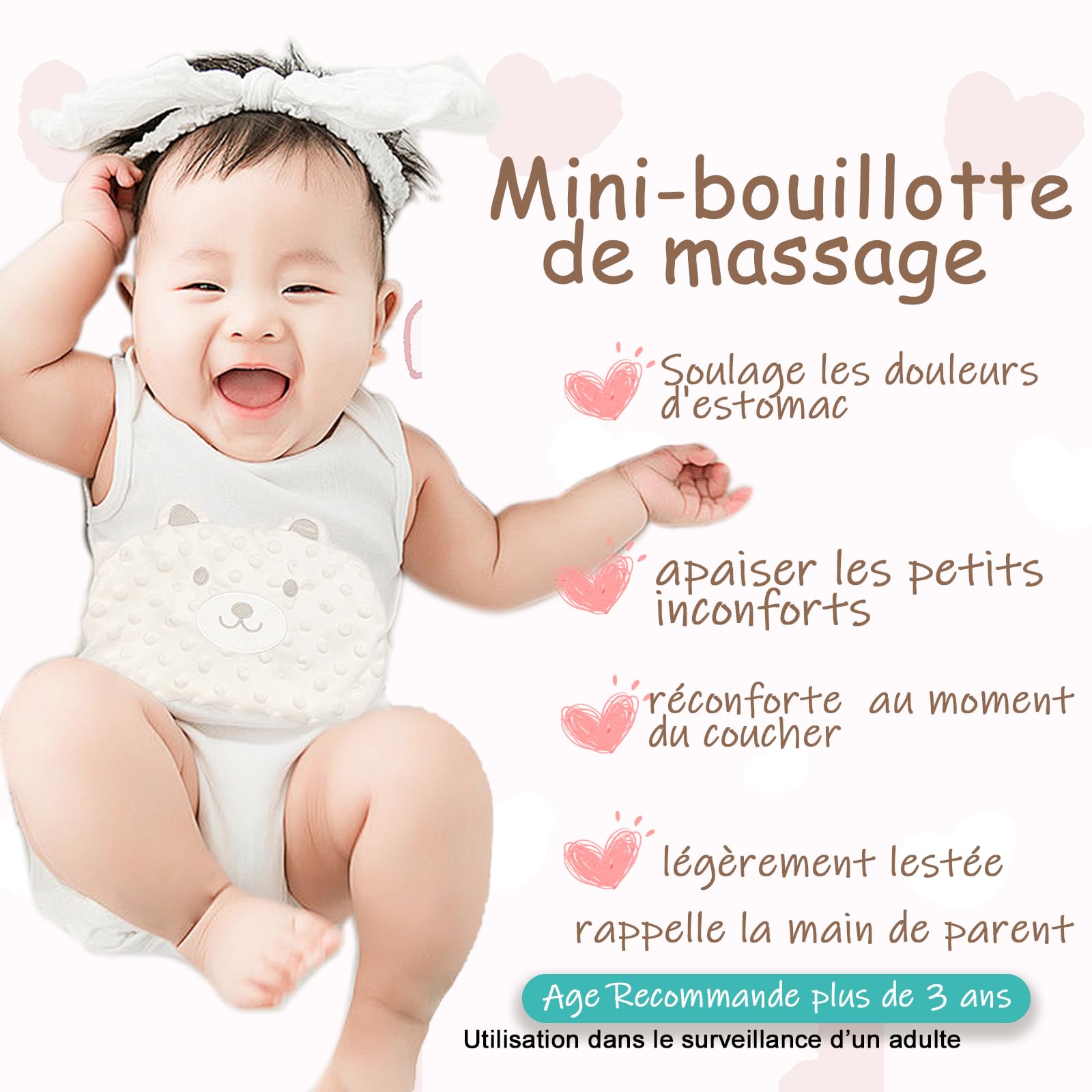 Bouillotte Bebe Anti Colique Ceinture Peluche Coussin Chauffant Micro Onde Rembourrage Naturel CE