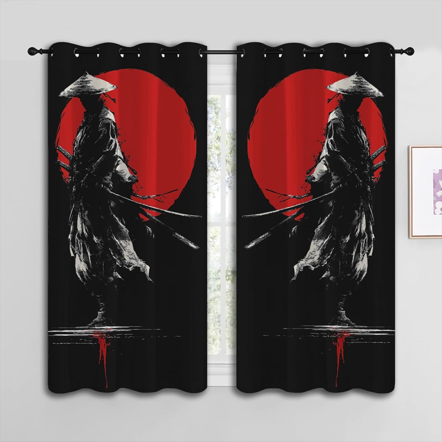 Japanese Samurai Blackout Curtains for Boys Girl Bedroom Home Decor, Asian Style Anime Red Sun Ink Painting Thermal Insulated Grommet Darkening Living Room Window Drapes, 42 x 45 inch