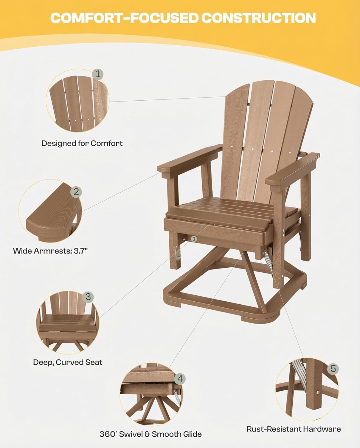 HDPE Outdoor Swivel Glider Rocking Chair, Oversized Patio Rocking Chair with 360° Swivel & Smooth Glide, Heavy Duty Outdoor Chair for Porch, Deck, Lawn, Poolside (Teak)