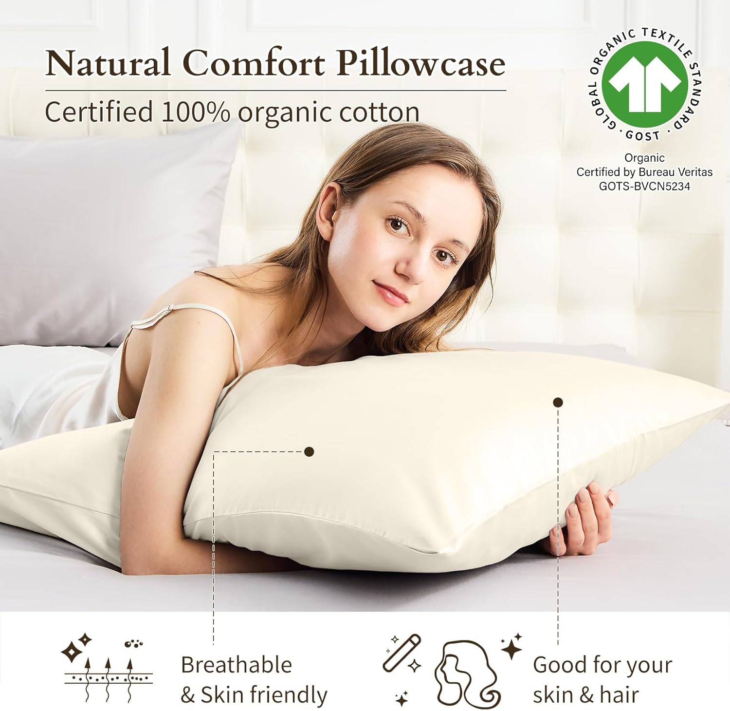 Warmstar 100% Organic Cotton Pillow Cases Set of 2, Pillow Cases King Size Satin Weave Soft Hypoallergenic GOTS Certified Pillowcases Breathable Envelope Pillowcass,20x36 Inches,Ivory White