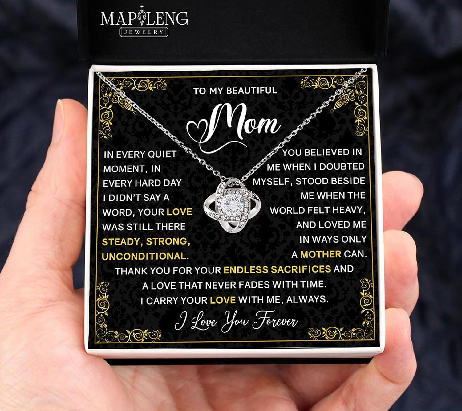 To My Mom Love Knot Necklace – Sentimental Jewelry Gift from Daughter or Son with Message Card and Elegant Luxury Gift Box for Mother’s Day, Birthday, Anniversary & Christmas