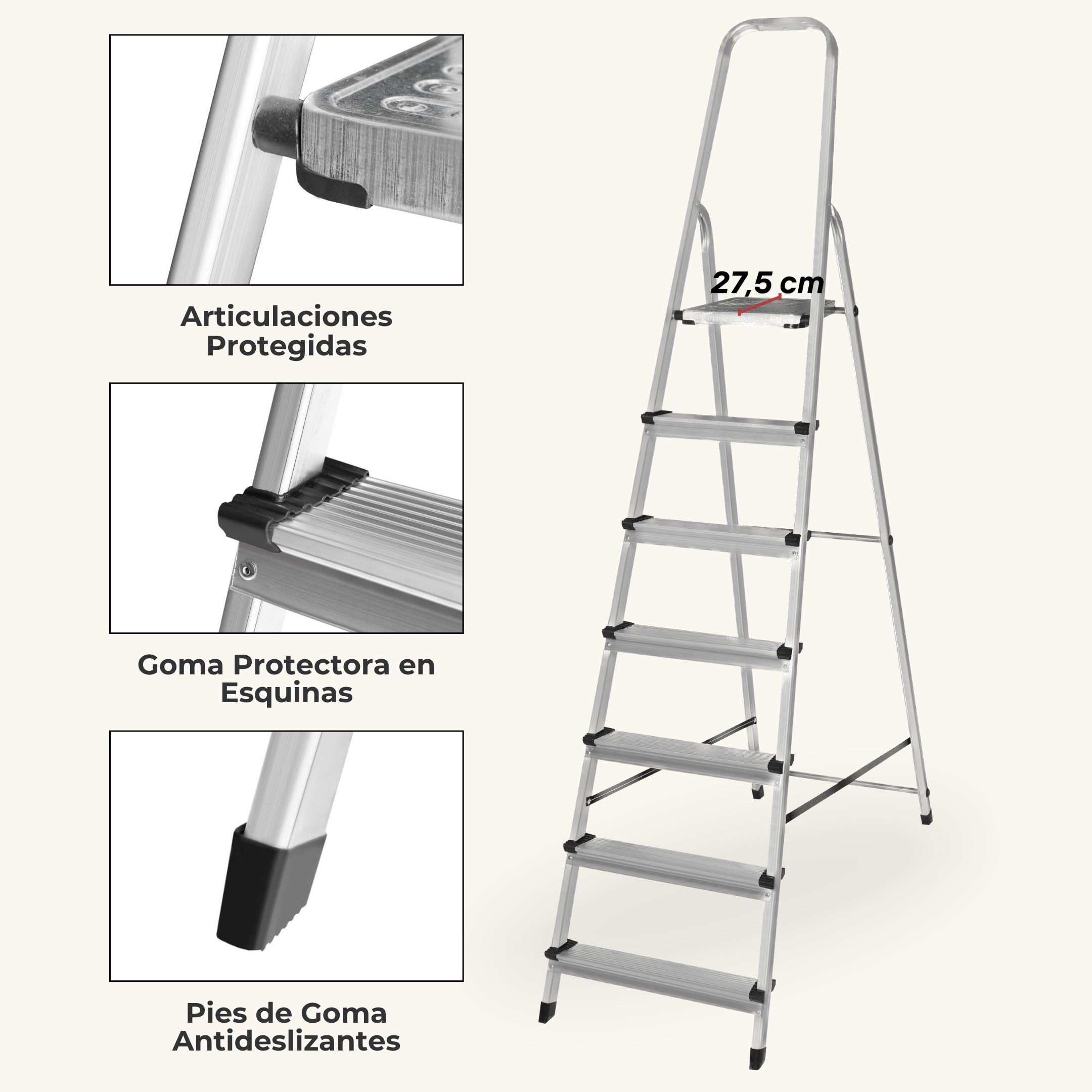 Escalera Plegable 7 Peldaños de Aluminio Homologada - Fabricada en Europa - Antideslizante, Resistente y Segura - Carga máx. 150 kg, Altura útil: 147 cm
