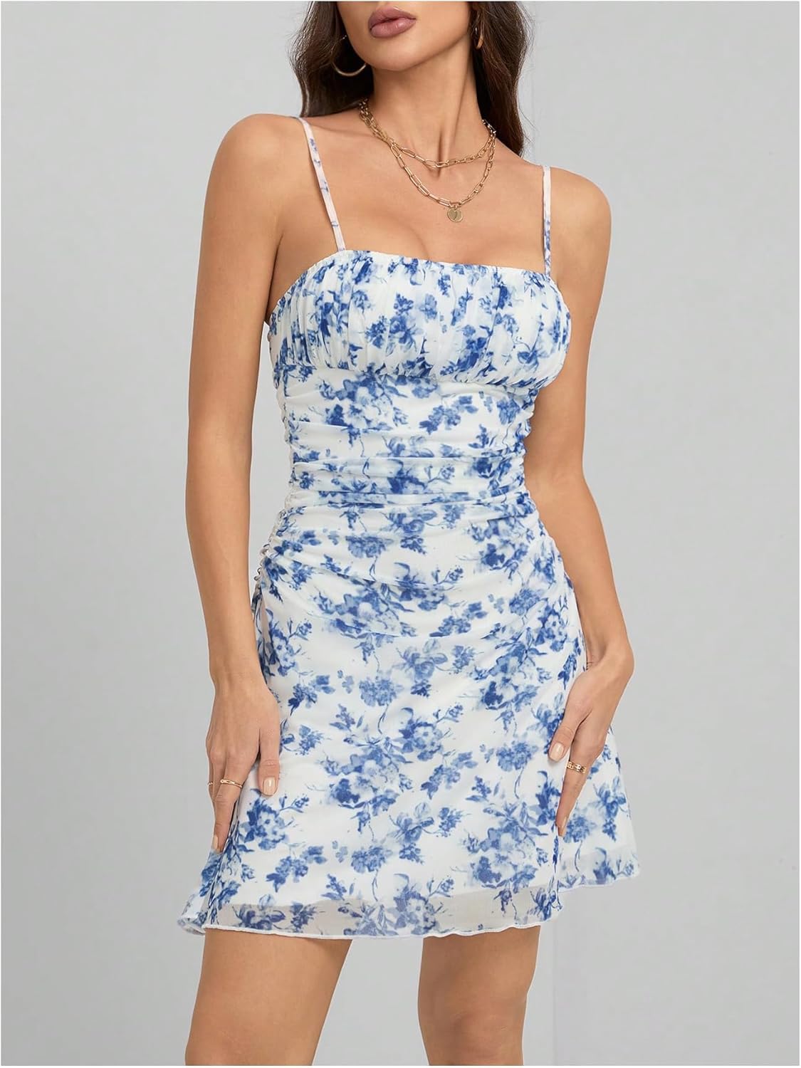 WDIRARA Women's Floral Ruched Cami Dress Boho Spaghetti Strap A Line Short Dresses - Image 5