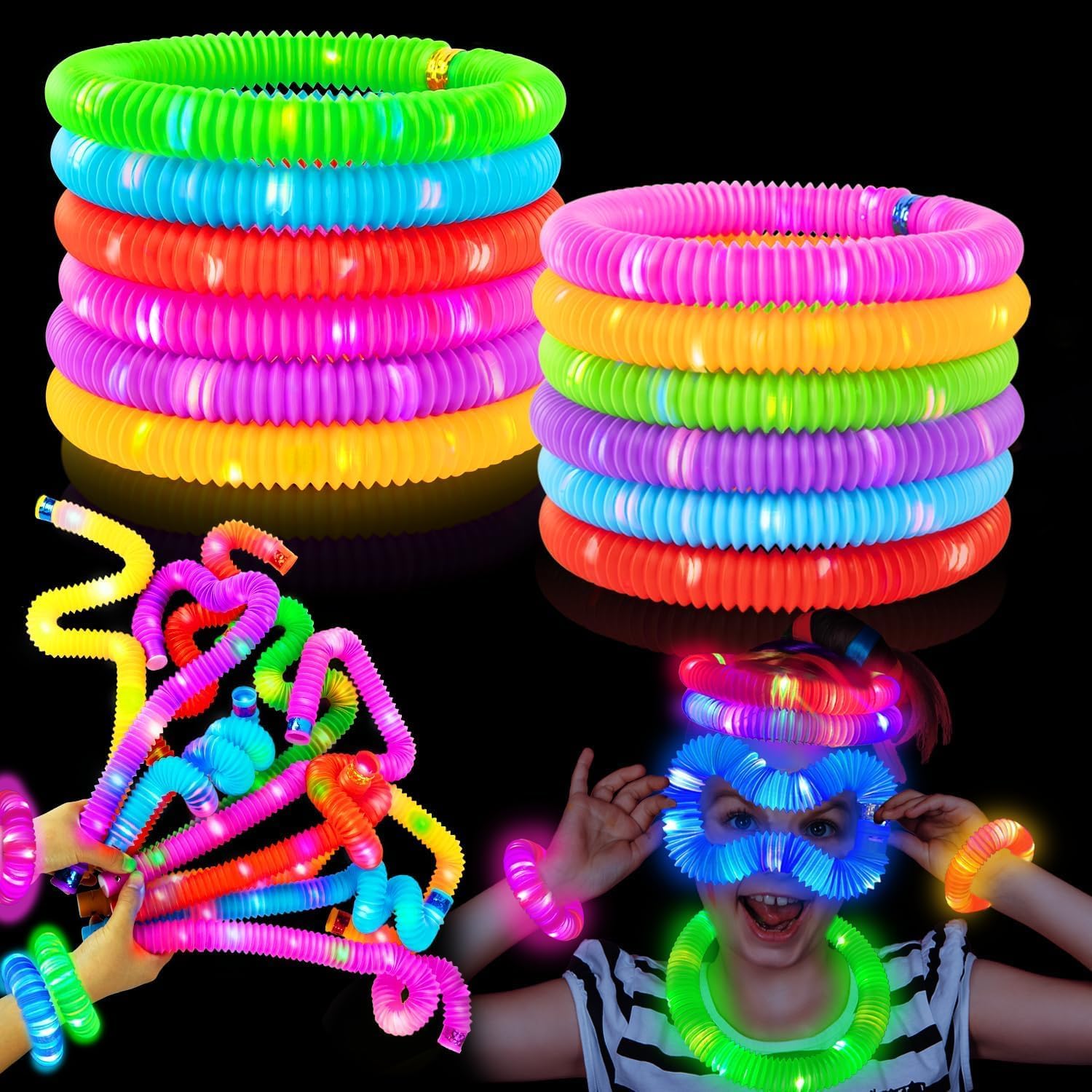 Light Up Pop Tubes Glow Stick in The Dark Light up Party Favors Stretchy Pipes for Kids & Adults (Light Pop Tube, 12)