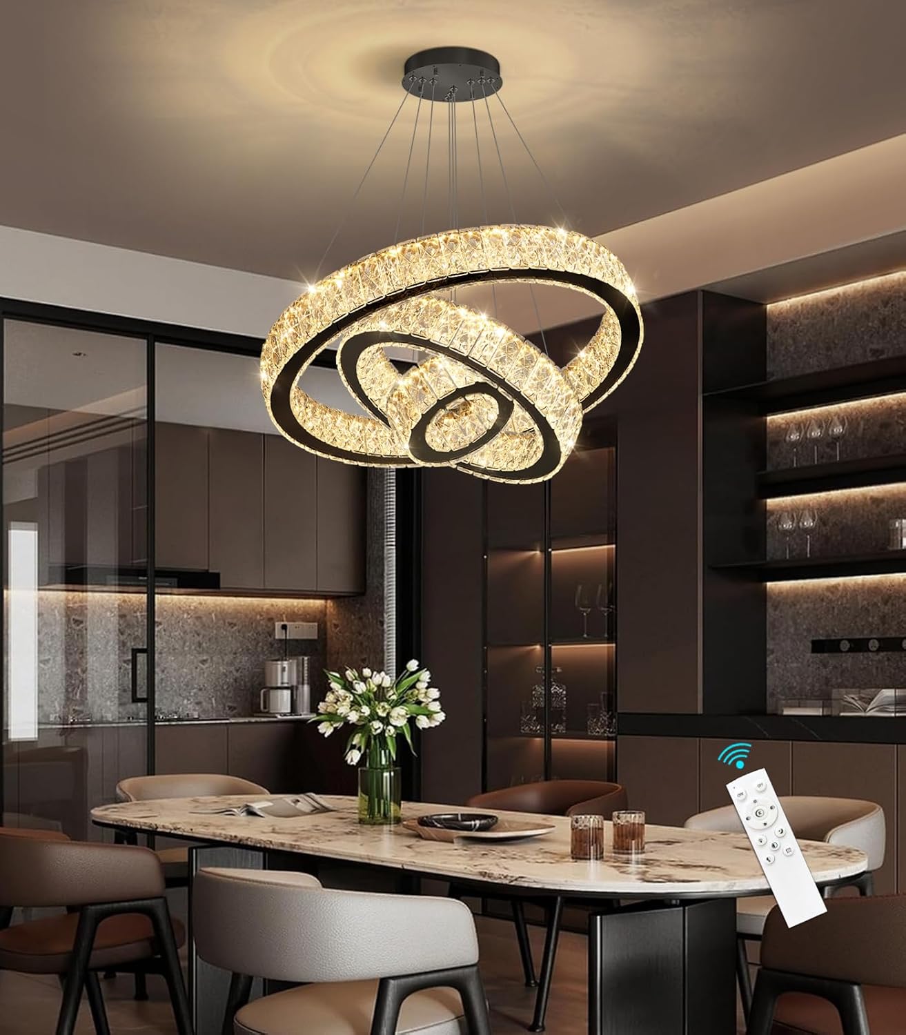 Modern Crystal Chandelier 36W Dimmable LED Ceiling Light Fixture with Remote Luxury Adjustable Pendant Light for Living Room Dining Room Black