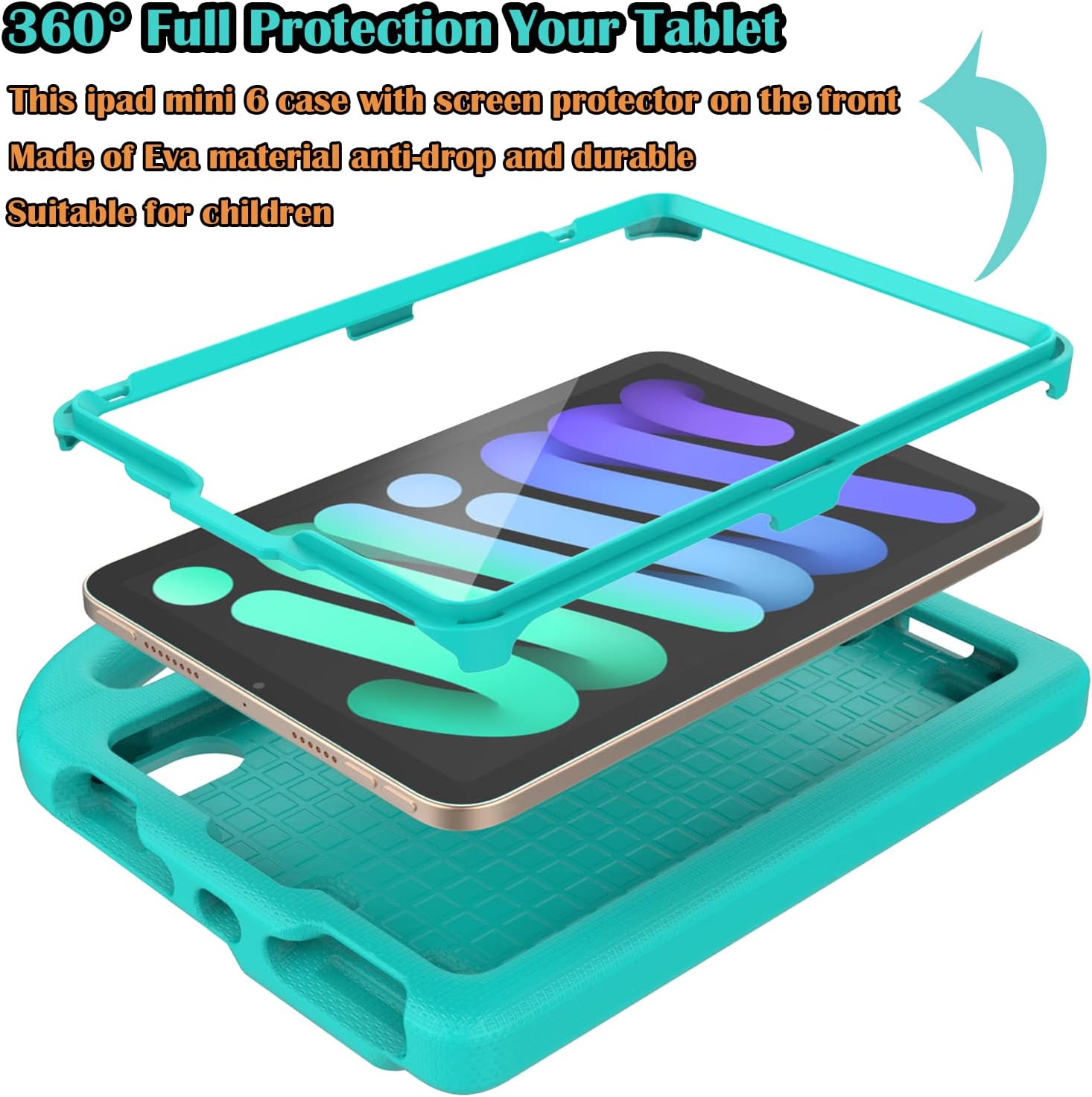 iPad Mini 6 Case for Kids 2021 (6th Generation), Lainergie Lightweight Shockproof Kid-Proof Cover Built-in Screen Protector with Handle Stand for New iPad Mini 6th Gen 8.3 Inch (Turquoise)