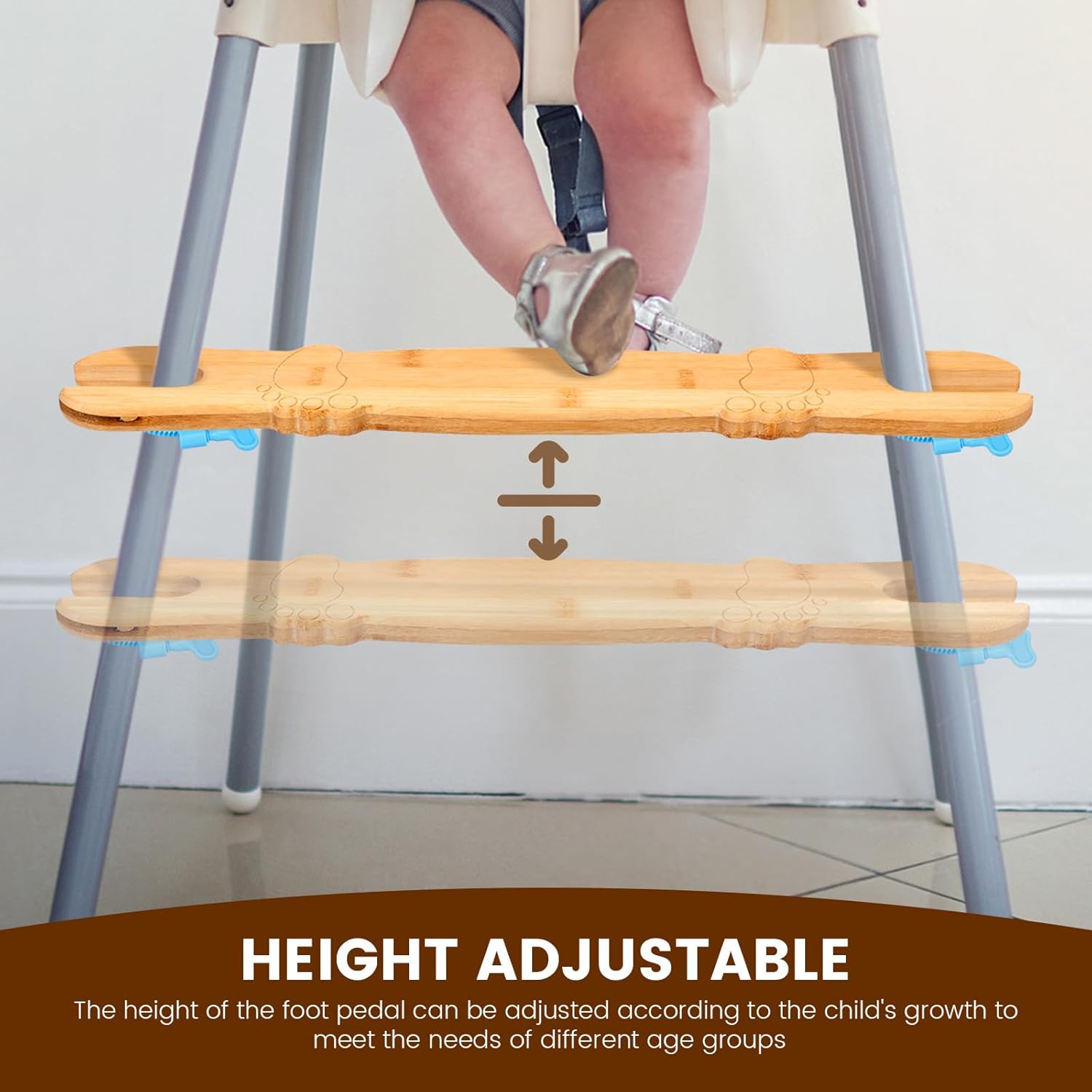 2Pcs Bamboo High Chair Foot Rest, Adjustable Height Easy to Install Baby Highchair Pedal with Rubber Ring for Home Use(Log Color,Style 1)