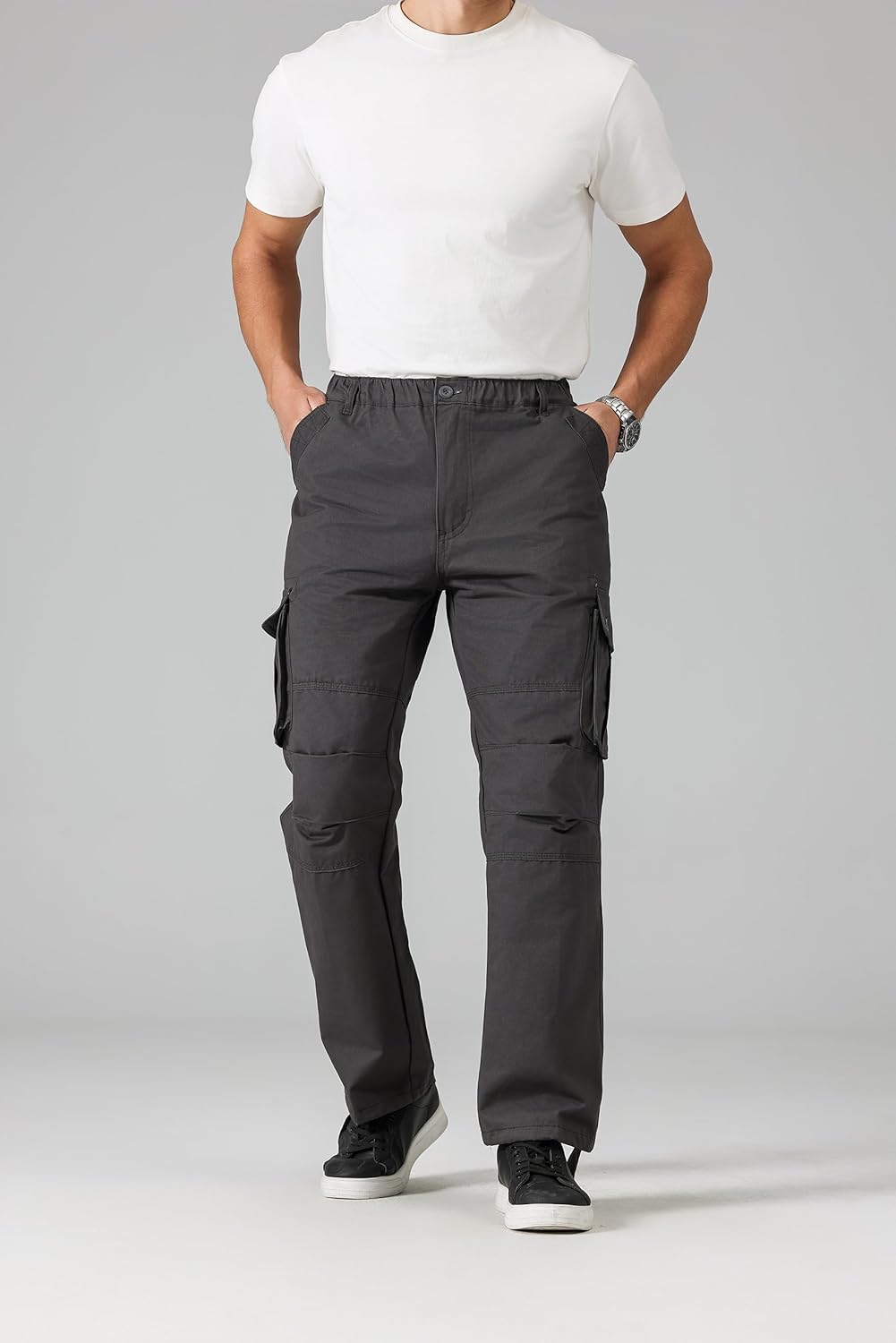 Cargo Pants for Men｜Elastic Waist, 6 Pockets & Adjustable Cuffs｜Cotton Fabric for Work, Casual & Daily Wear - Image 3