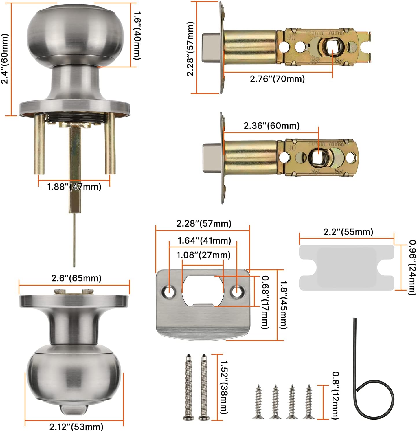 Haidms Brushed Nickel Door Knobs Interior, Silver Privacy keyless Door knob with Thumb Turn for Bedroom or Bathroom Privacy Function 1 Pack